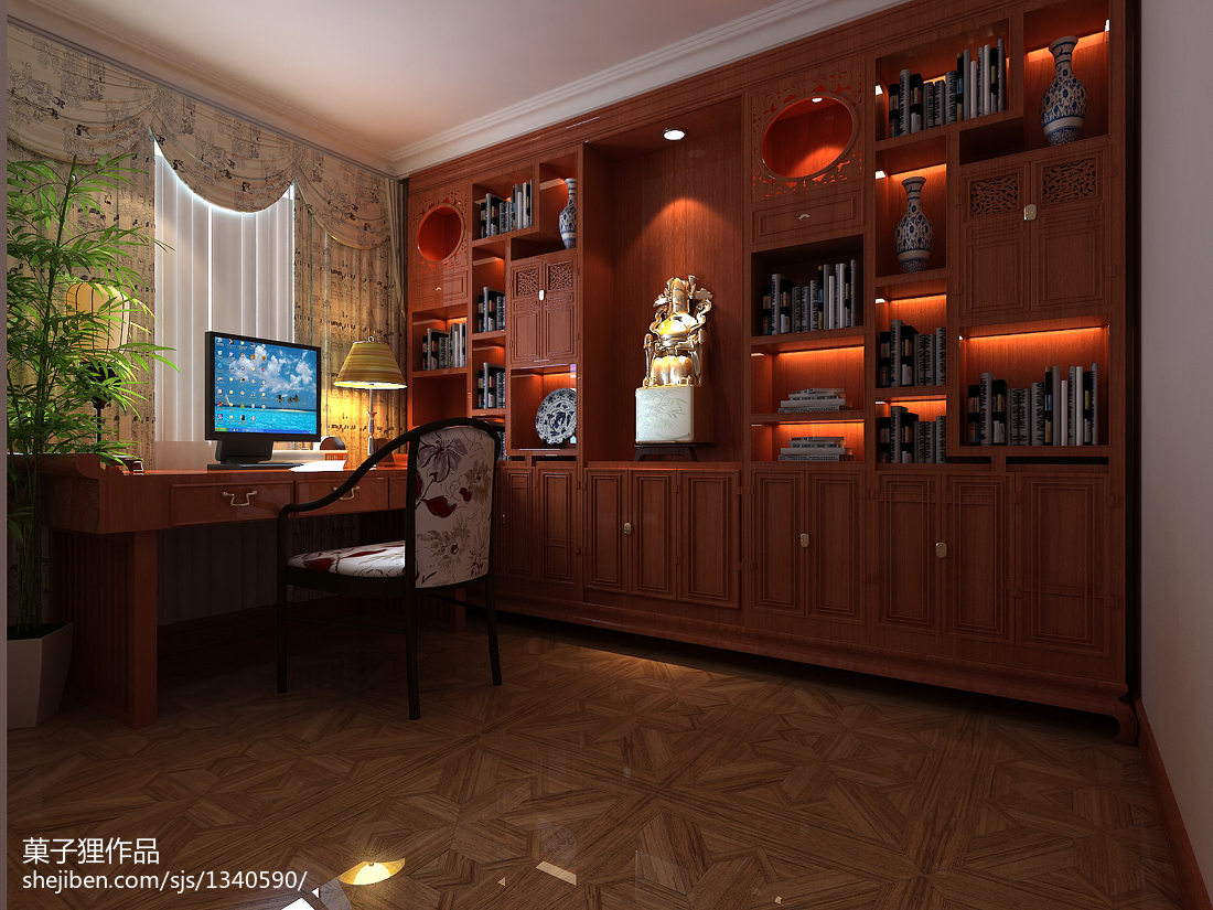 中式典雅書房坐椅裝修圖片 &ndash; 設計本裝修效果圖
